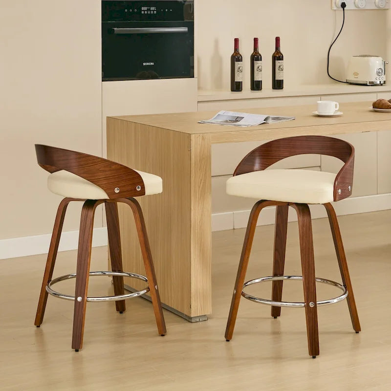 Bar Stools Set of 2,Swivel Bar Height Stools with Low Back,Wood Bar Chairs with Soft Cushion Seat,25-Inch Seat Height