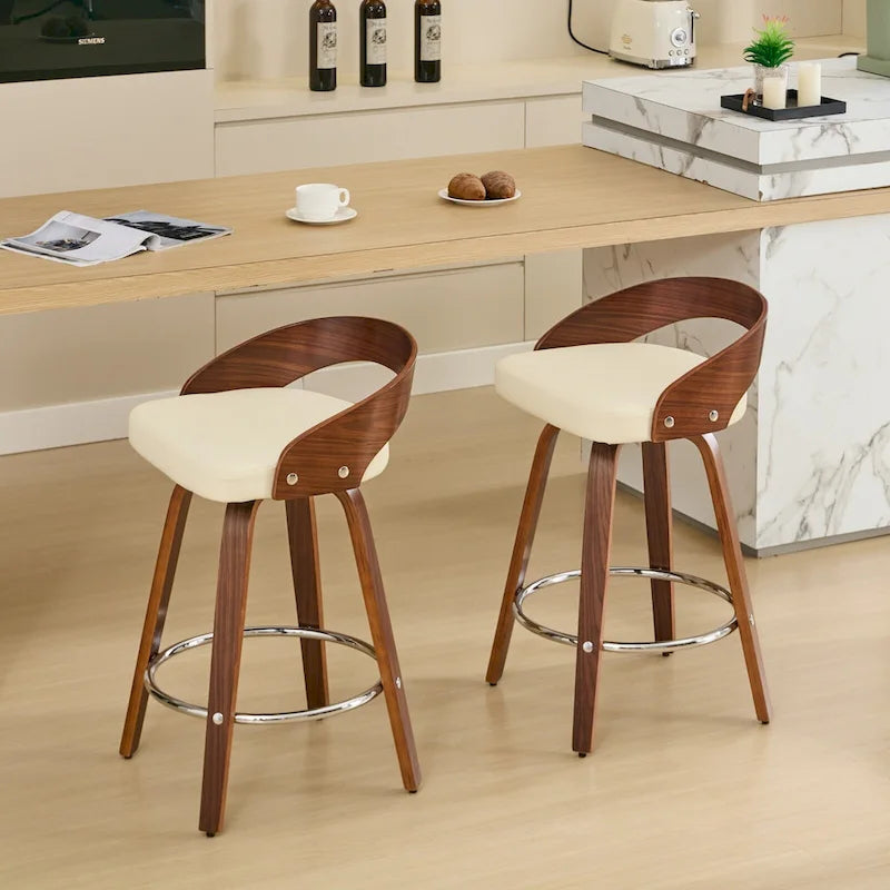 Bar Stools Set of 2,Swivel Bar Height Stools with Low Back,Wood Bar Chairs with Soft Cushion Seat,25-Inch Seat Height