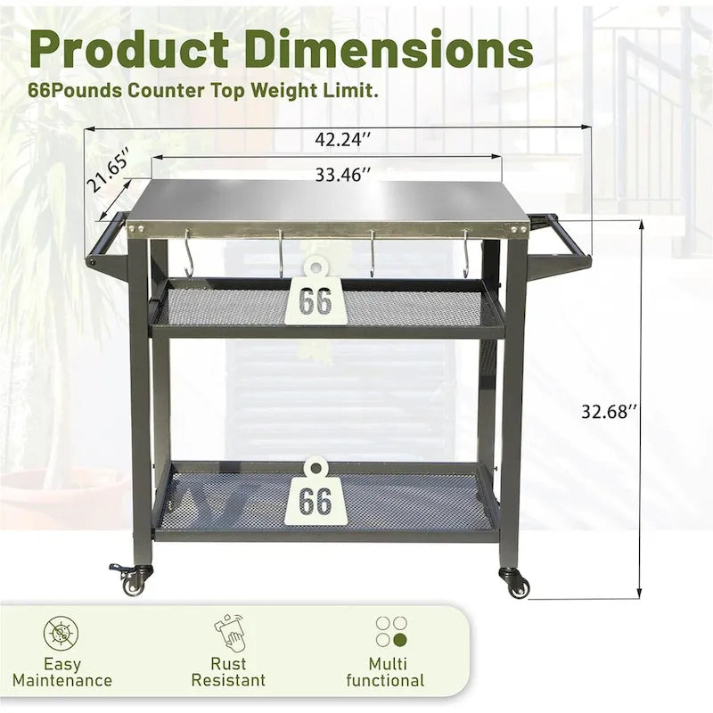 3-Shelf Outdoor Grill Cart with Wheels, Stainless Steel Tabletop