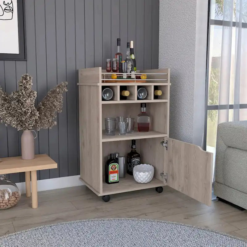 Bar Cart with 2 Open Shelves 4 Cubbies and Cabinet