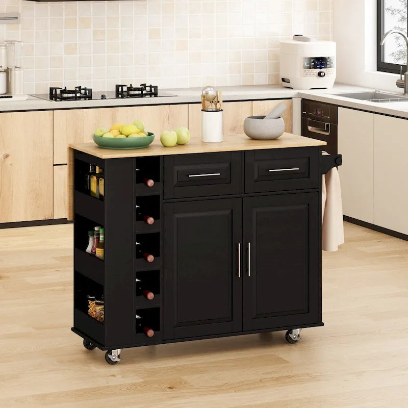 Kitchen Island Cart with 2 Door and 2 Drawers and Foldable Table Top