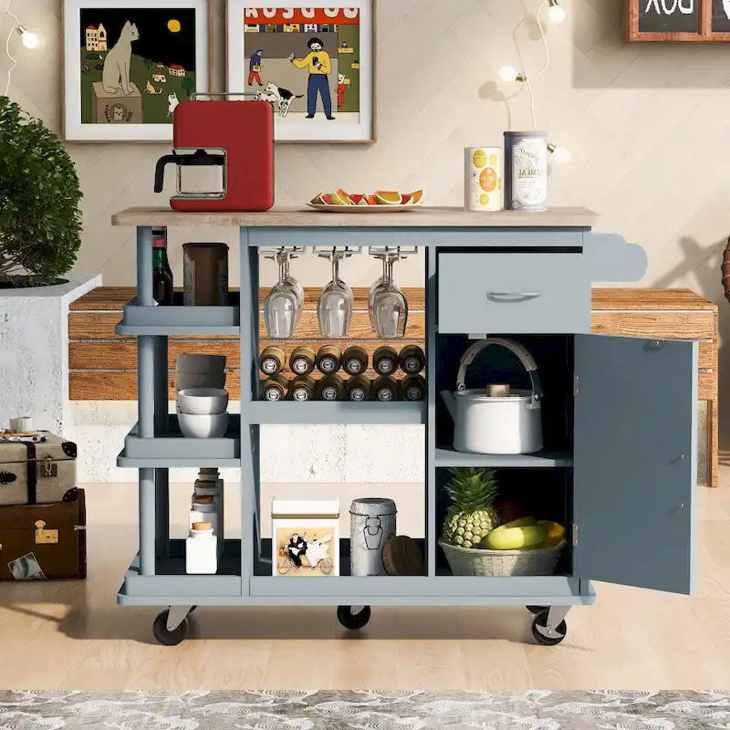 Rubber Wood Kitchen Cart with Adjustable Shelves and Wine Rack