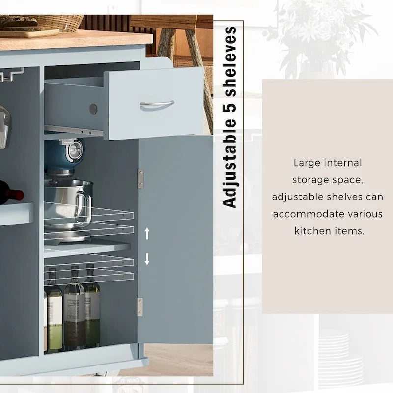 Rubber Wood Kitchen Cart with Adjustable Shelves and Wine Rack