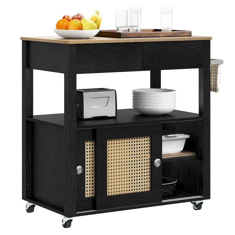 Rattan Rolling Kitchen Island with Storage Cabinet - 32.2L x19.5W x 35H