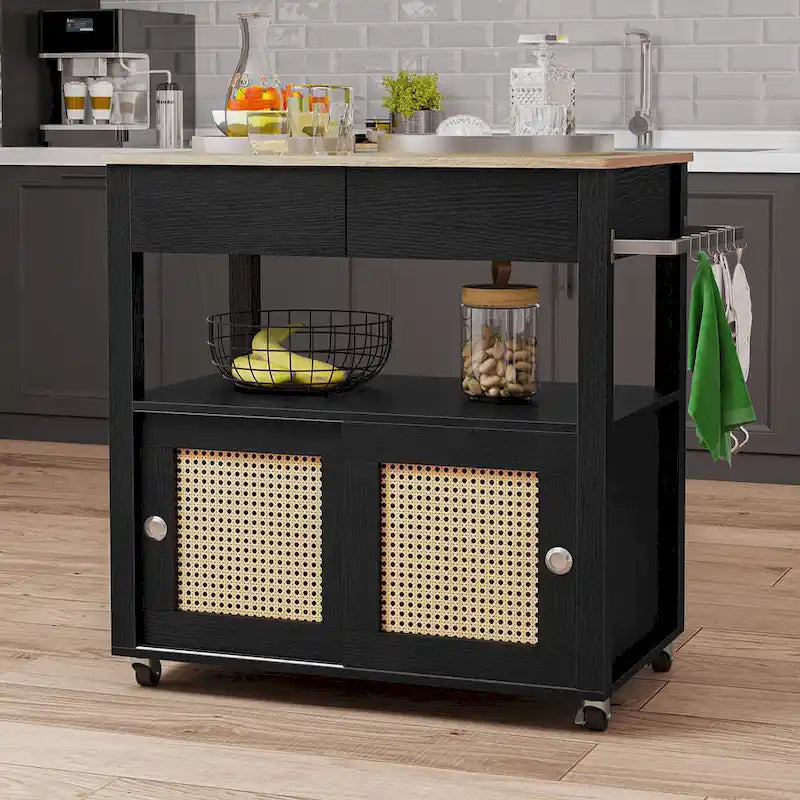 Rattan Rolling Kitchen Island with Storage Cabinet - 32.2L x19.5W x 35H