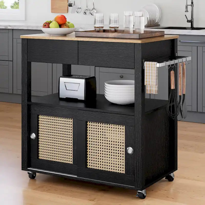 Rattan Rolling Kitchen Island with Storage Cabinet - 32.2L x19.5W x 35H