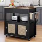Rattan Rolling Kitchen Island with Storage Cabinet - 32.2L x19.5W x 35H