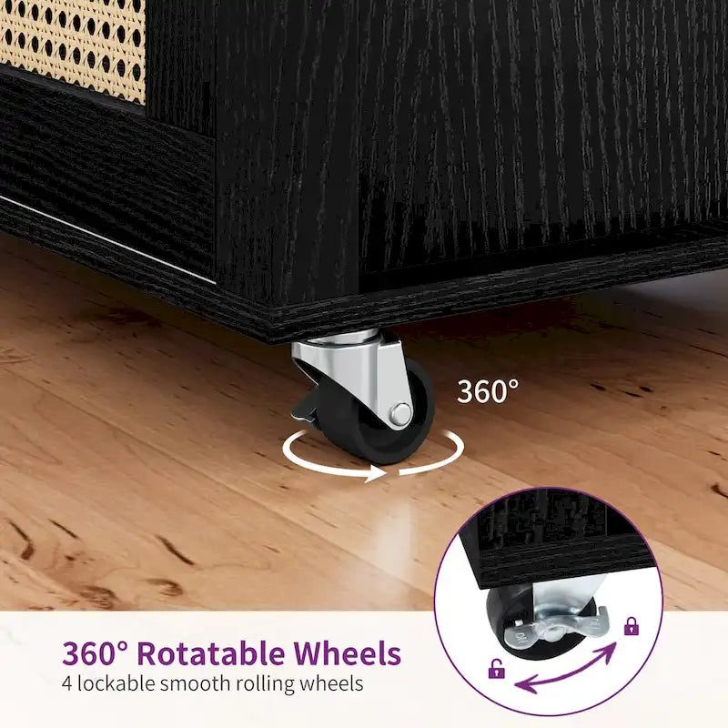 Rattan Rolling Kitchen Island with Storage Cabinet - 32.2L x19.5W x 35H