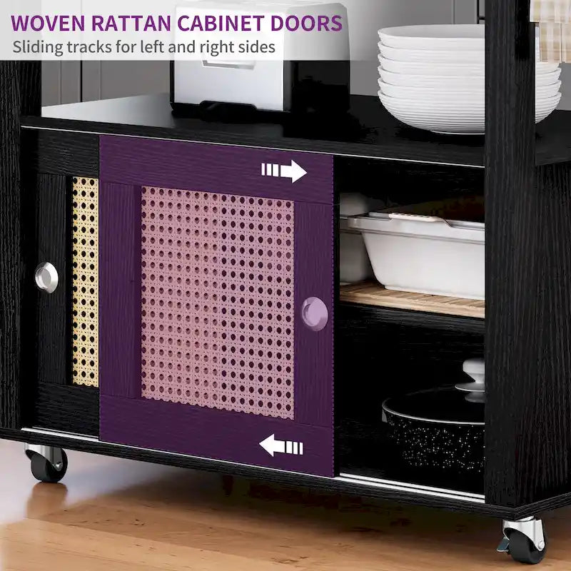 Rattan Rolling Kitchen Island with Storage Cabinet - 32.2L x19.5W x 35H
