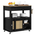 Rattan Rolling Kitchen Island with Storage Cabinet - 32.2L x19.5W x 35H