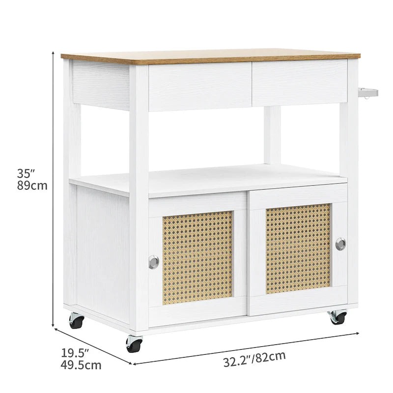 Rattan Rolling Kitchen Island with Storage Cabinet - 32.2L x19.5W x 35H