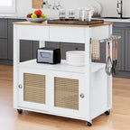 Rattan Rolling Kitchen Island with Storage Cabinet - 32.2L x19.5W x 35H