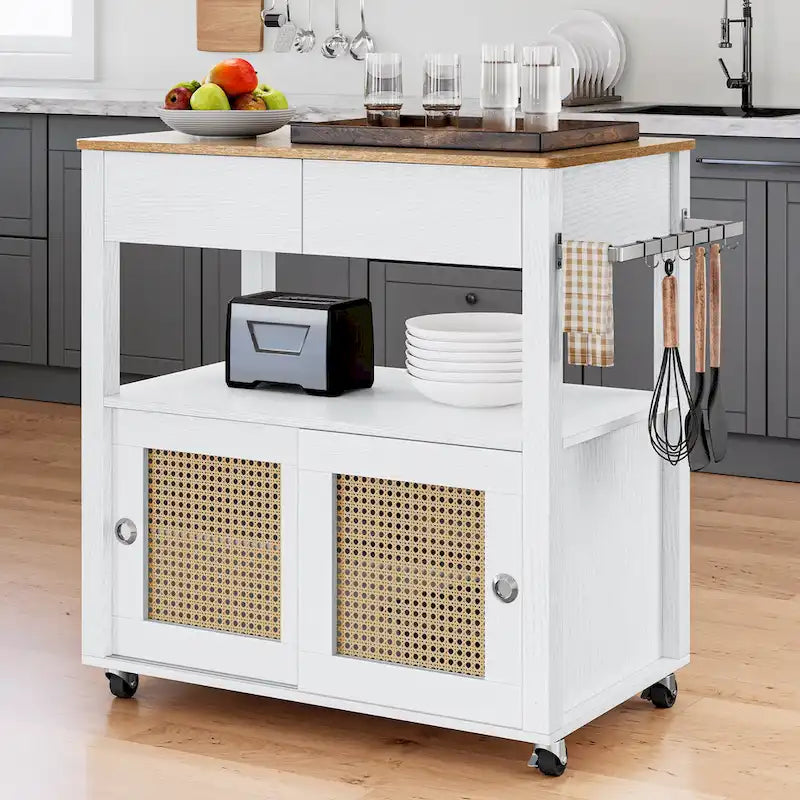 Rattan Rolling Kitchen Island with Storage Cabinet - 32.2L x19.5W x 35H