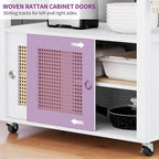 Rattan Rolling Kitchen Island with Storage Cabinet - 32.2L x19.5W x 35H