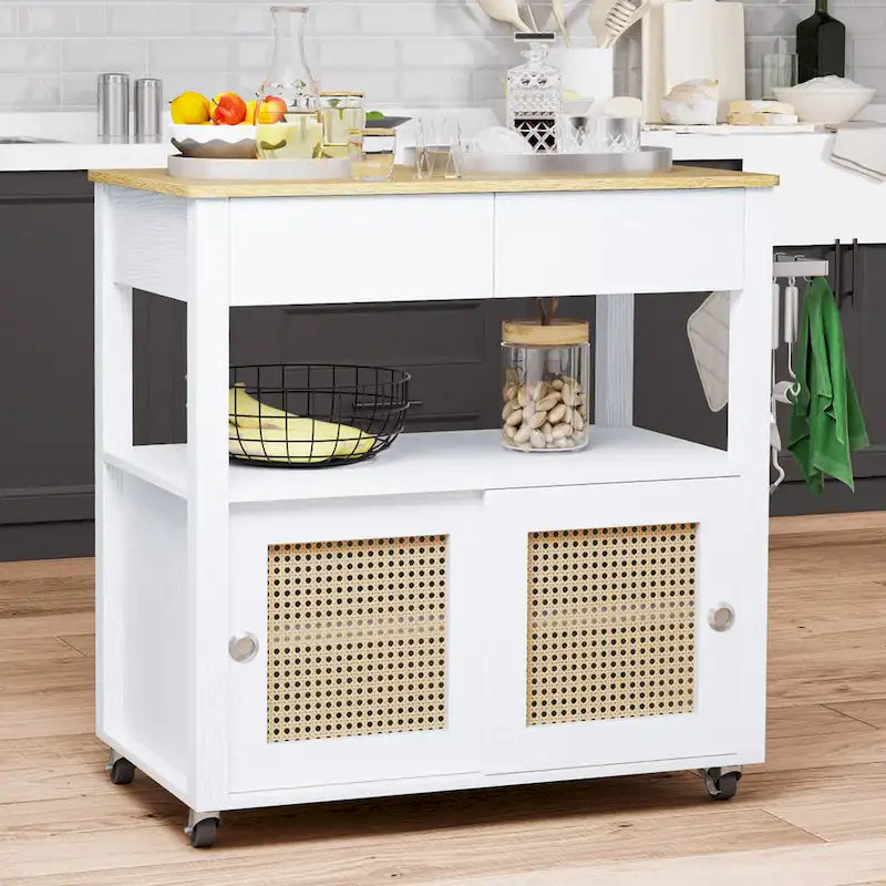 Rattan Rolling Kitchen Island with Storage Cabinet - 32.2L x19.5W x 35H