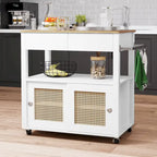 Rattan Rolling Kitchen Island with Storage Cabinet - 32.2L x19.5W x 35H