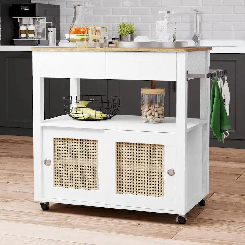 Rattan Rolling Kitchen Island with Storage Cabinet - 32.2L x19.5W x 35H