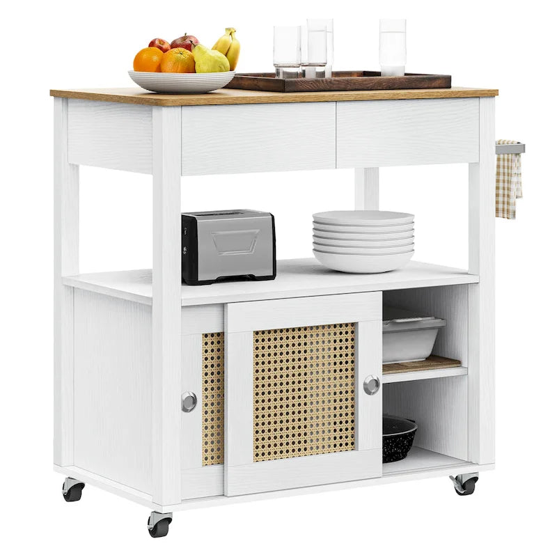 Rattan Rolling Kitchen Island with Storage Cabinet - 32.2L x19.5W x 35H