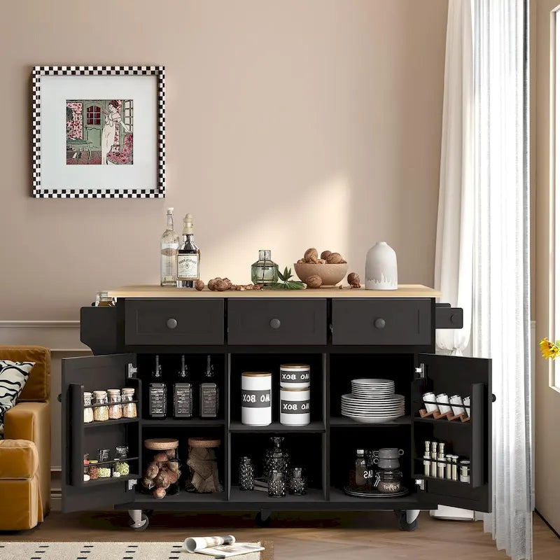 Roomfitters Kitchen Cart with Rubber wood Drop-Leaf Countertop, 5-Wheel Kitchen Island with Storage Cabinet & 3 Drawers