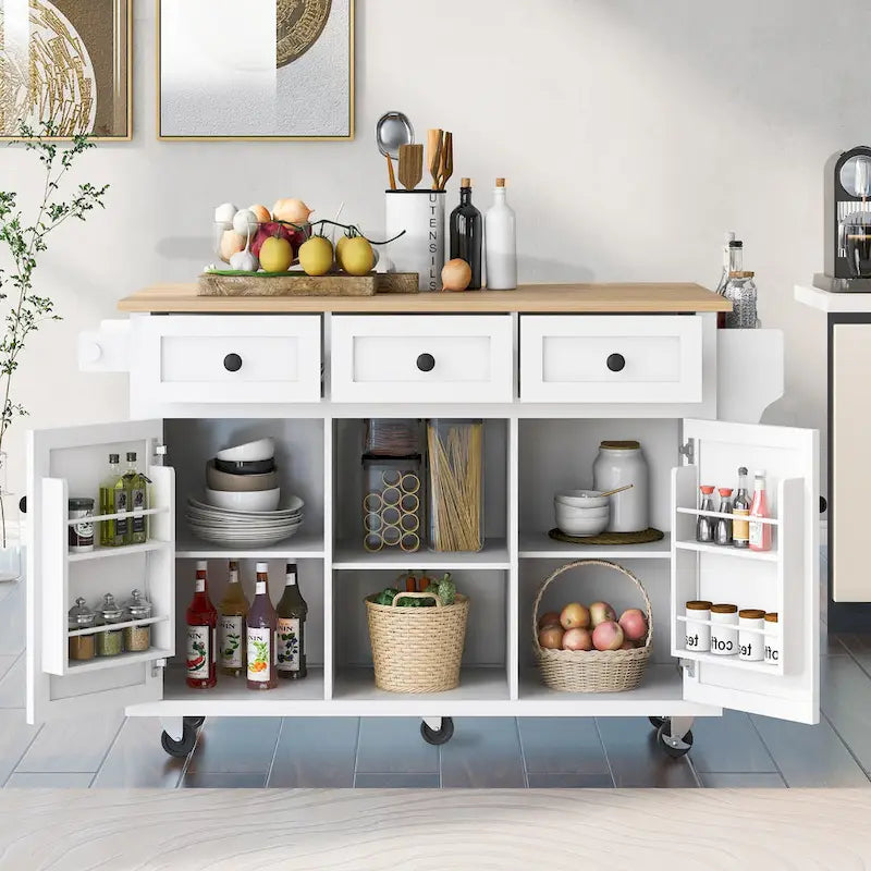 Roomfitters Kitchen Cart with Rubber wood Drop-Leaf Countertop, 5-Wheel Kitchen Island with Storage Cabinet & 3 Drawers