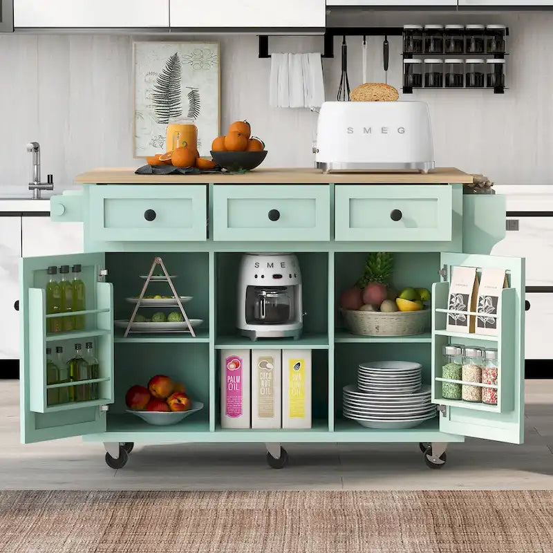 Roomfitters Kitchen Cart with Rubber wood Drop-Leaf Countertop, 5-Wheel Kitchen Island with Storage Cabinet & 3 Drawers