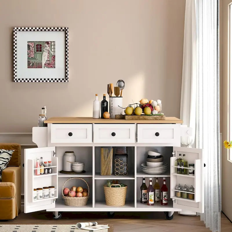 Roomfitters Kitchen Cart with Rubber wood Drop-Leaf Countertop, 5-Wheel Kitchen Island with Storage Cabinet & 3 Drawers