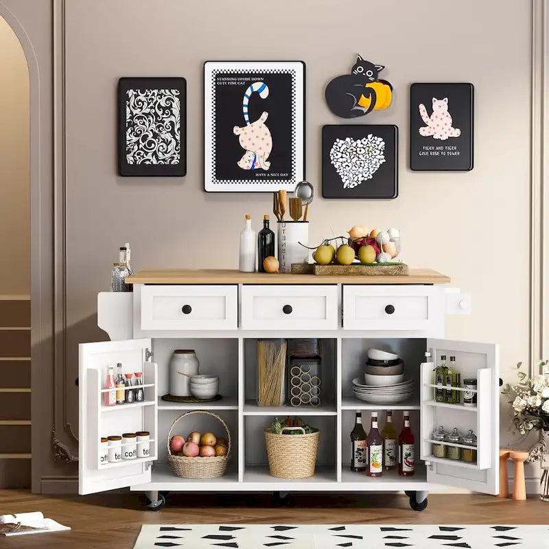 Roomfitters Kitchen Cart with Rubber wood Drop-Leaf Countertop, 5-Wheel Kitchen Island with Storage Cabinet & 3 Drawers