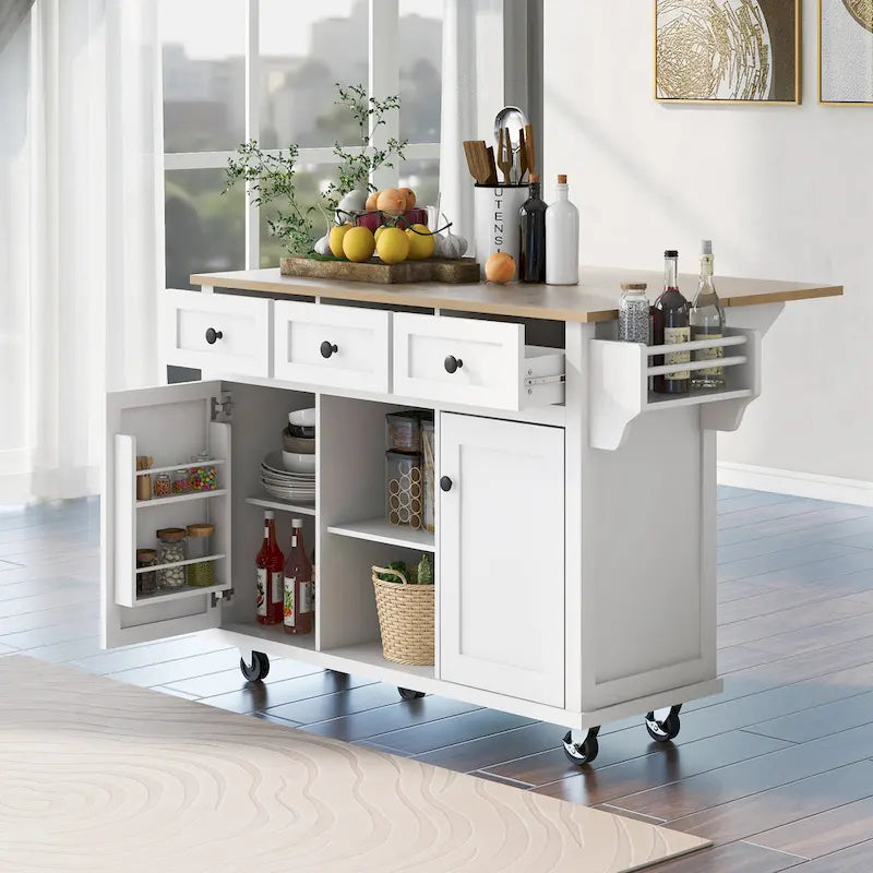 Roomfitters Kitchen Cart with Rubber wood Drop-Leaf Countertop, 5-Wheel Kitchen Island with Storage Cabinet & 3 Drawers