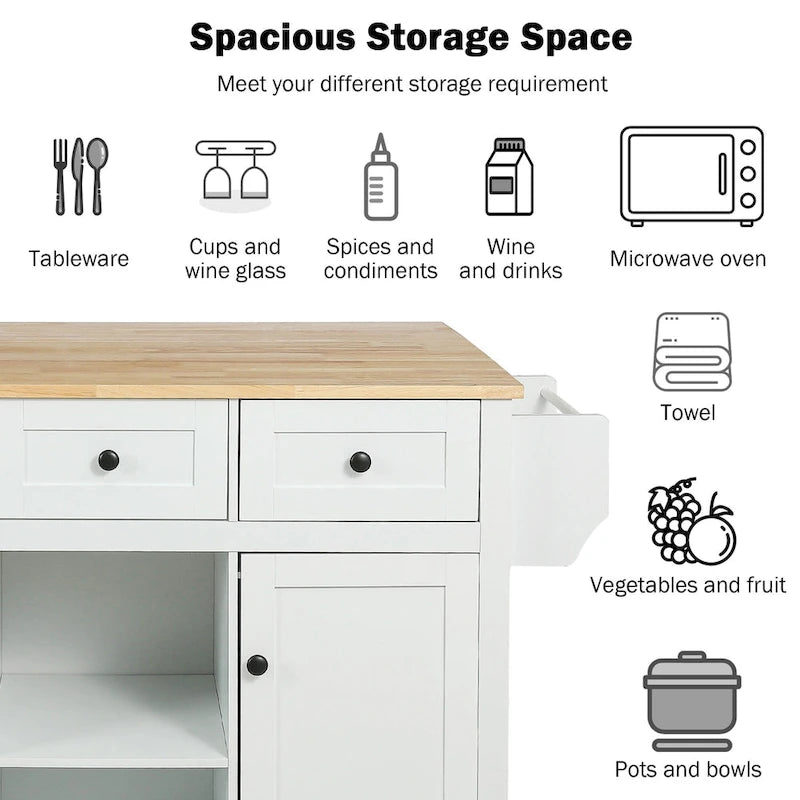 Roomfitters Kitchen Cart with Rubber wood Drop-Leaf Countertop, 5-Wheel Kitchen Island with Storage Cabinet & 3 Drawers