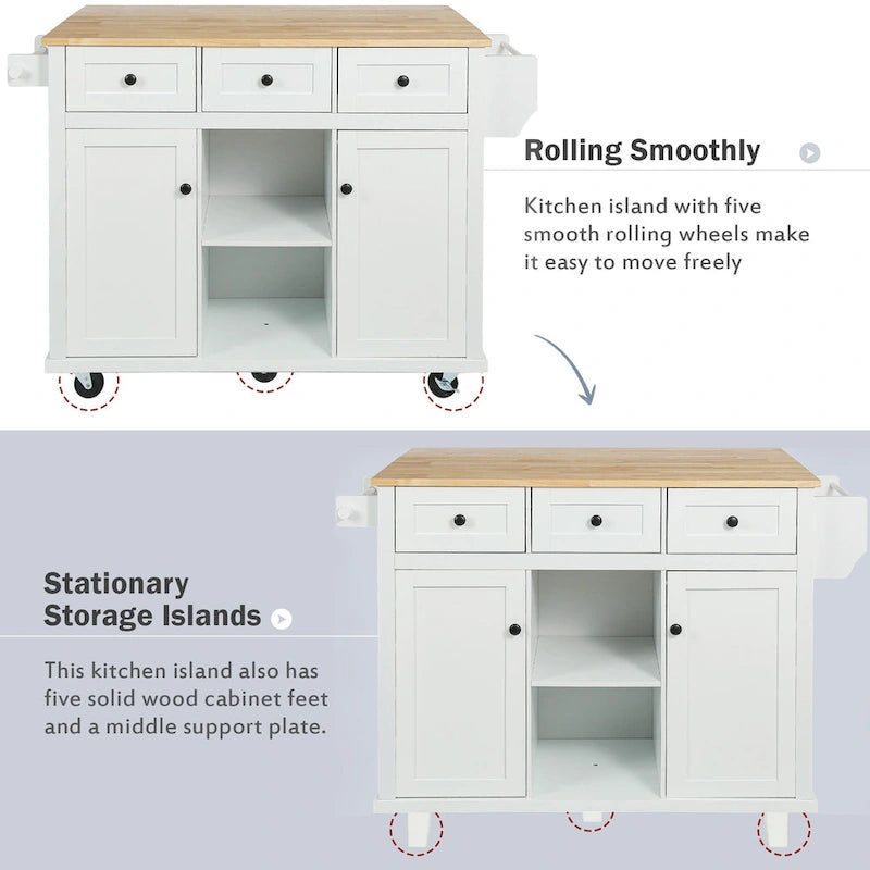 Roomfitters Kitchen Cart with Rubber wood Drop-Leaf Countertop, 5-Wheel Kitchen Island with Storage Cabinet & 3 Drawers
