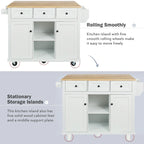 Roomfitters Kitchen Cart with Rubber wood Drop-Leaf Countertop, 5-Wheel Kitchen Island with Storage Cabinet & 3 Drawers