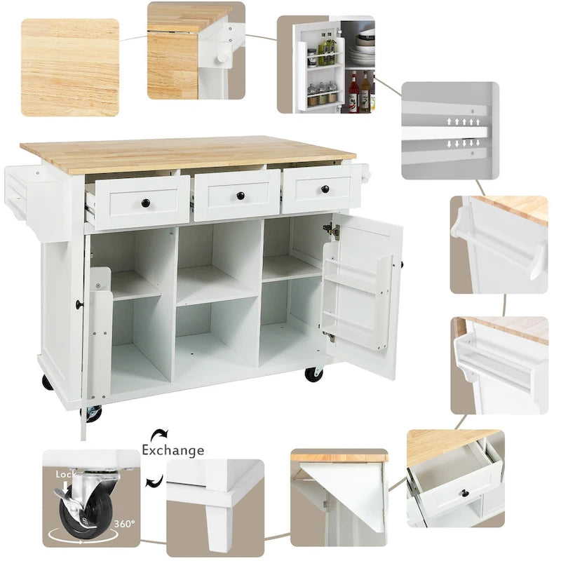 Roomfitters Kitchen Cart with Rubber wood Drop-Leaf Countertop, 5-Wheel Kitchen Island with Storage Cabinet & 3 Drawers