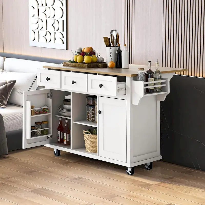 Roomfitters Kitchen Cart with Rubber wood Drop-Leaf Countertop, 5-Wheel Kitchen Island with Storage Cabinet & 3 Drawers