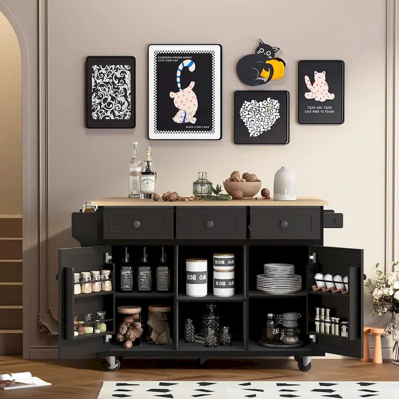 Roomfitters Kitchen Cart with Rubber wood Drop-Leaf Countertop, 5-Wheel Kitchen Island with Storage Cabinet & 3 Drawers