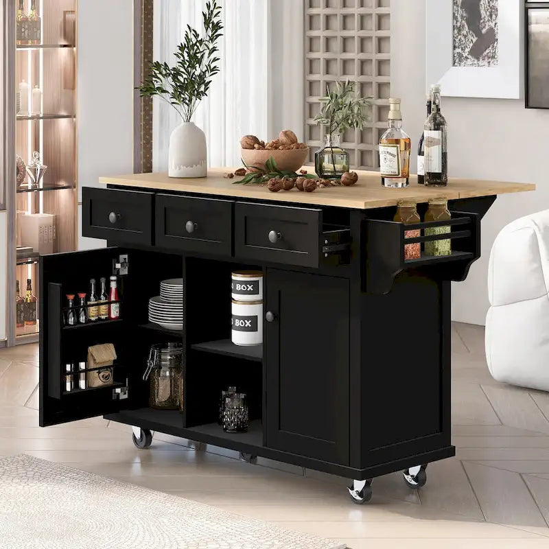 Roomfitters Kitchen Cart with Rubber wood Drop-Leaf Countertop, 5-Wheel Kitchen Island with Storage Cabinet & 3 Drawers