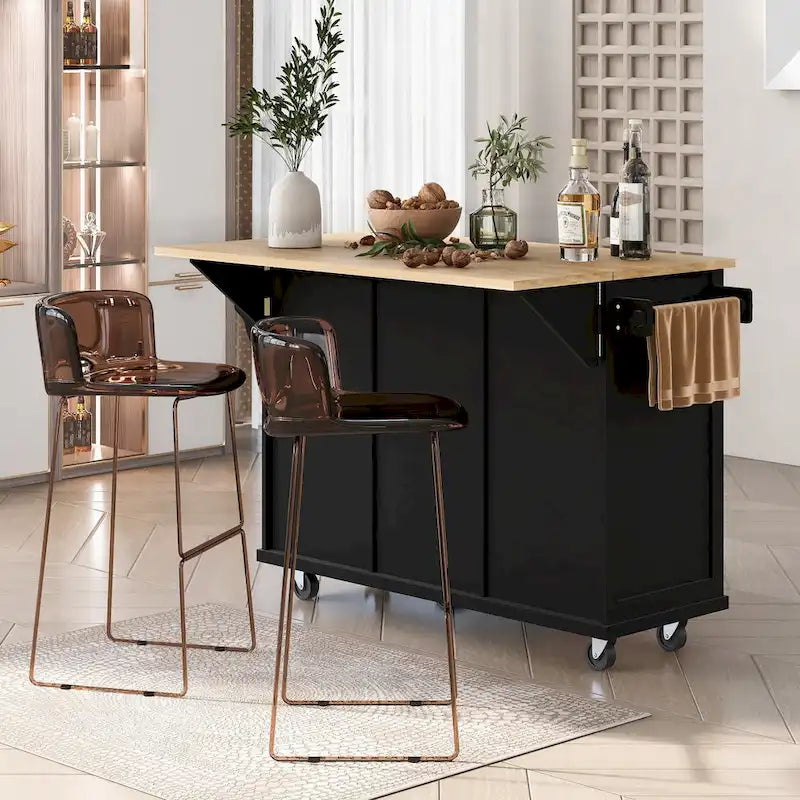 Roomfitters Kitchen Cart with Rubber wood Drop-Leaf Countertop, 5-Wheel Kitchen Island with Storage Cabinet & 3 Drawers