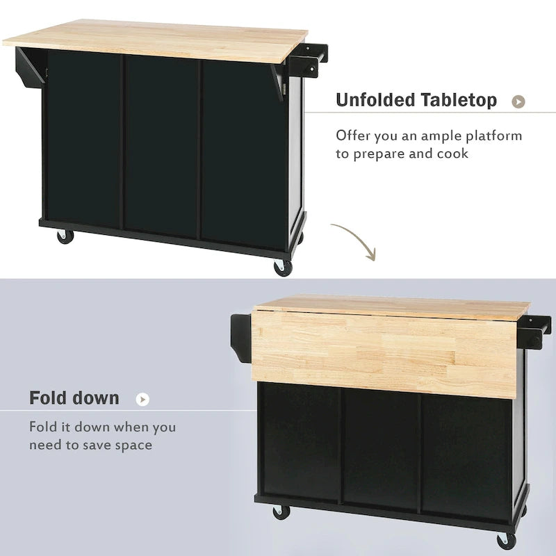 Roomfitters Kitchen Cart with Rubber wood Drop-Leaf Countertop, 5-Wheel Kitchen Island with Storage Cabinet & 3 Drawers