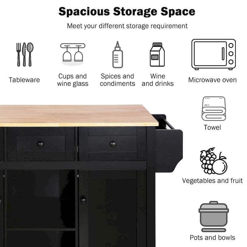 Roomfitters Kitchen Cart with Rubber wood Drop-Leaf Countertop, 5-Wheel Kitchen Island with Storage Cabinet & 3 Drawers