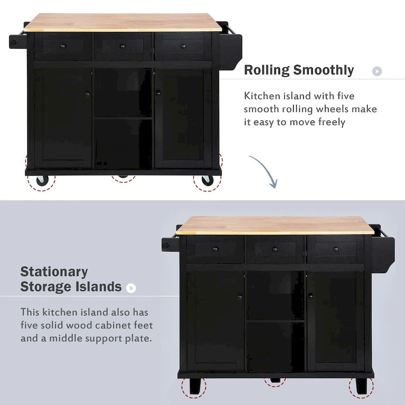 Roomfitters Kitchen Cart with Rubber wood Drop-Leaf Countertop, 5-Wheel Kitchen Island with Storage Cabinet & 3 Drawers