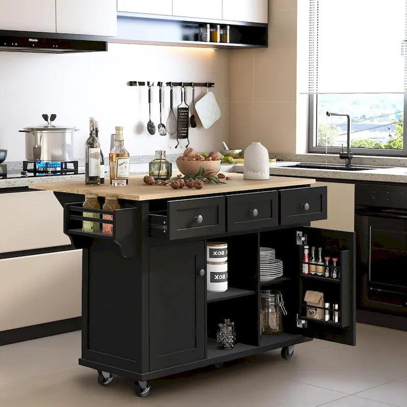 Roomfitters Kitchen Cart with Rubber wood Drop-Leaf Countertop, 5-Wheel Kitchen Island with Storage Cabinet & 3 Drawers