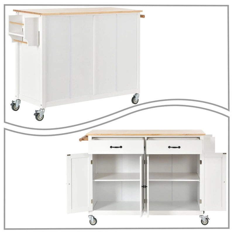 Classic Wooden Kitchen Island Cart with 2 Drawers, 2 Cabinets, a Towel Rack and a Spice Rack