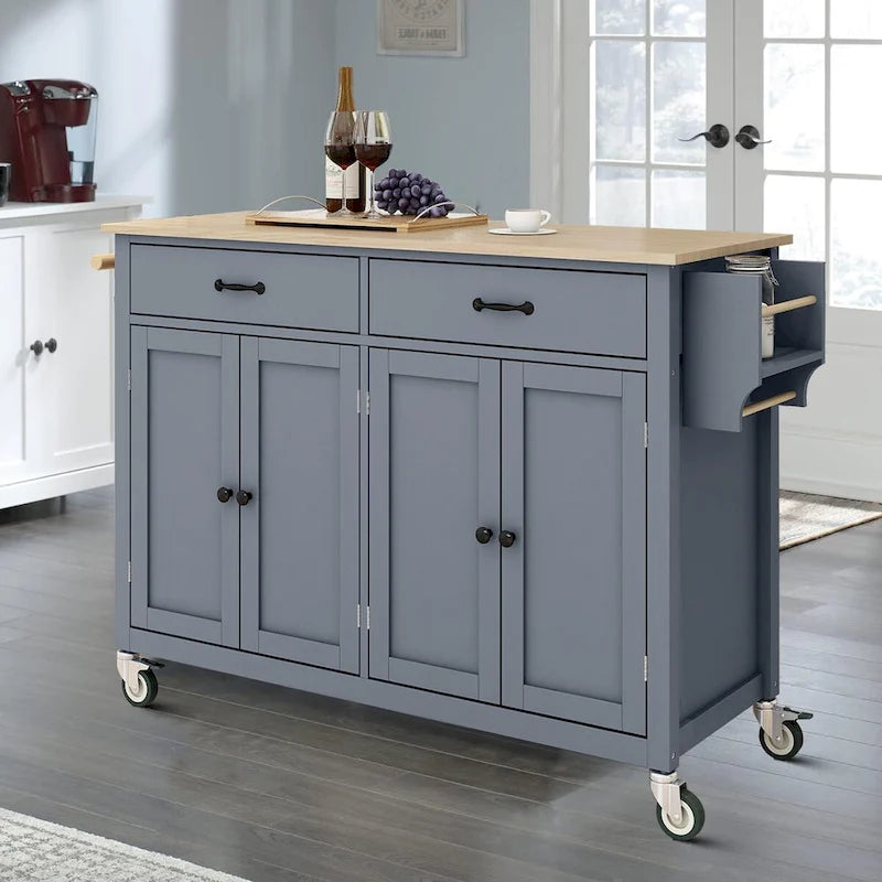 Classic Wooden Kitchen Island Cart with 2 Drawers, 2 Cabinets, a Towel Rack and a Spice Rack