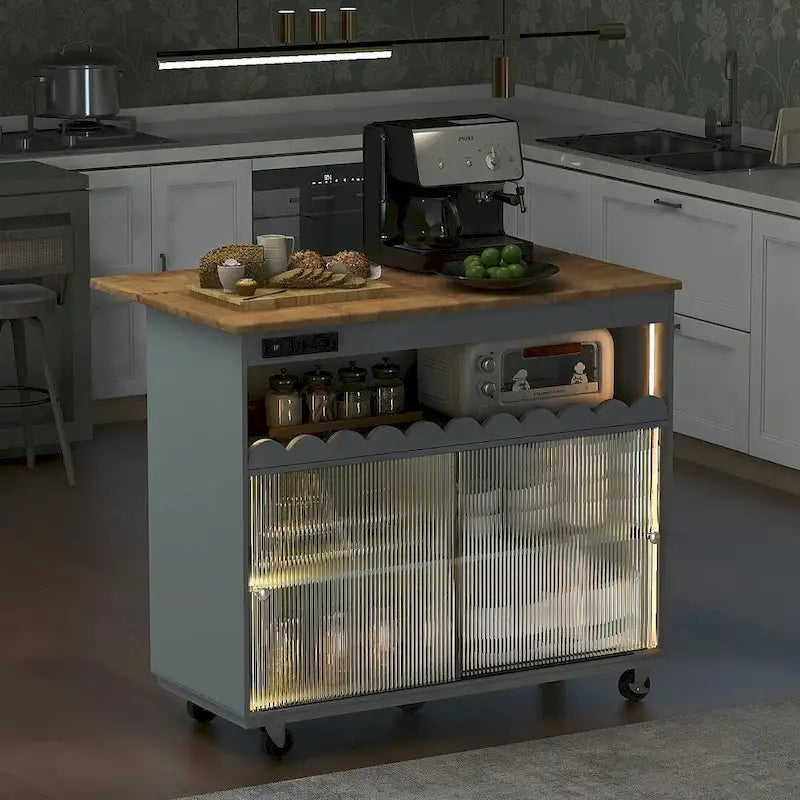 Multi-Functional Kitchen Island Cart with Drop Leaf, LED Light, and Power Outlets