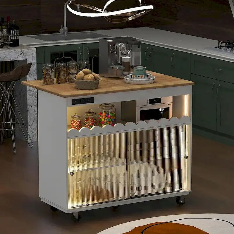 Multi-Functional Kitchen Island Cart with Drop Leaf, LED Light, and Power Outlets