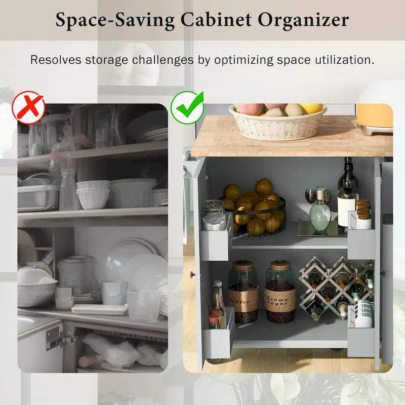 Rolling Kitchen Cart with Drop Leaf, Storage Rack, and 3-Tier Cabinet Organizer