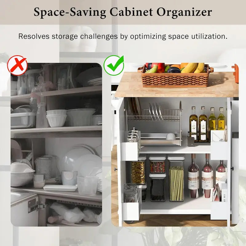 Rolling Kitchen Cart with Drop Leaf, Storage Rack, and 3-Tier Cabinet Organizer