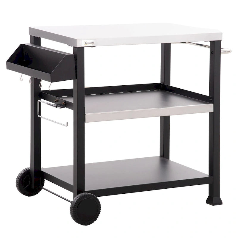Three-Shelf Outdoor Grill Cart with Stainless Steel Tabletop on Wheels