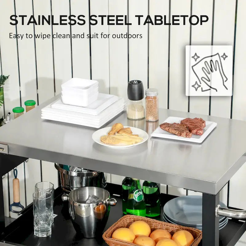 Three-Shelf Outdoor Grill Cart with Stainless Steel Tabletop on Wheels