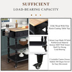 Rolling OAK Wood Top Kitchen Cart with Wine Rack and 2 Drawers
