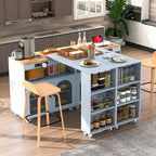 Rolling Kitchen Island with Movable Extended Table on Wheels,LED Lights Power Outlets & Fluted Doors,3 Open Adjustable Shelves